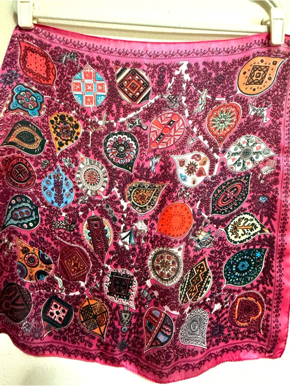 Vibrant Pink Paisley Silk Scarf 70s Mod Retro Hand Hemmed